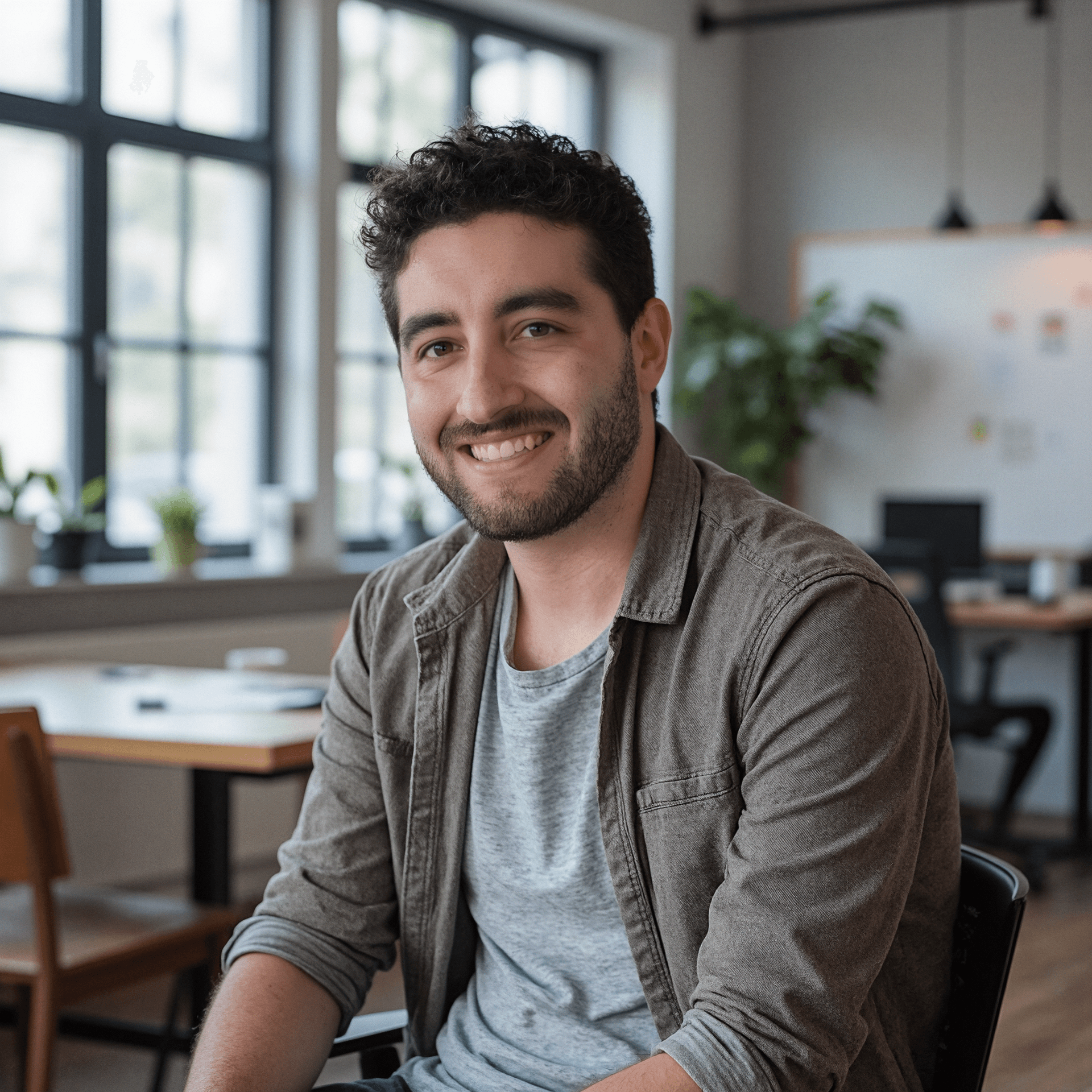 A professional portrait of Hugo wearing a dark blazer and a white shirt in front of a modern office