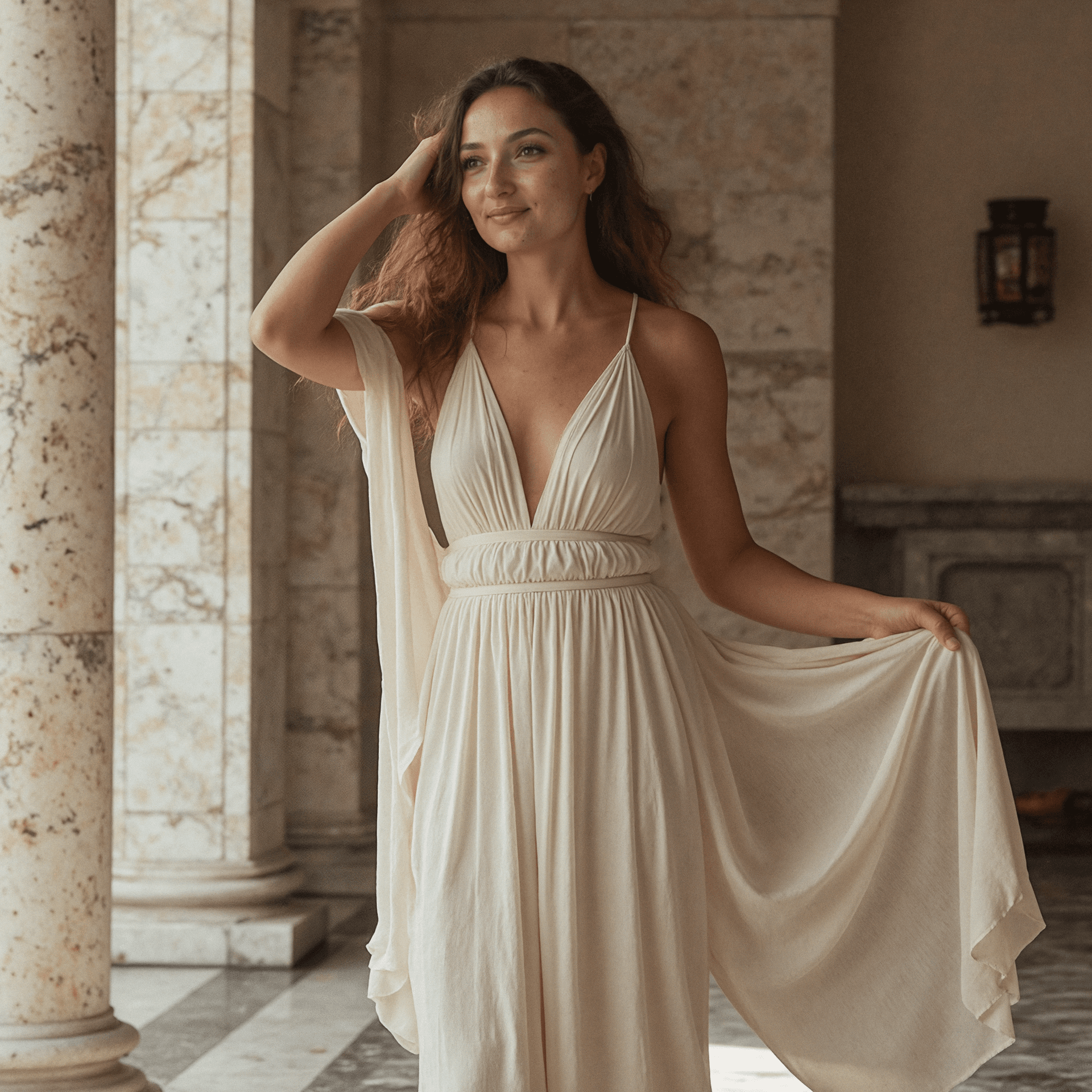 Me posing with a white sun dress in front of a marble wall