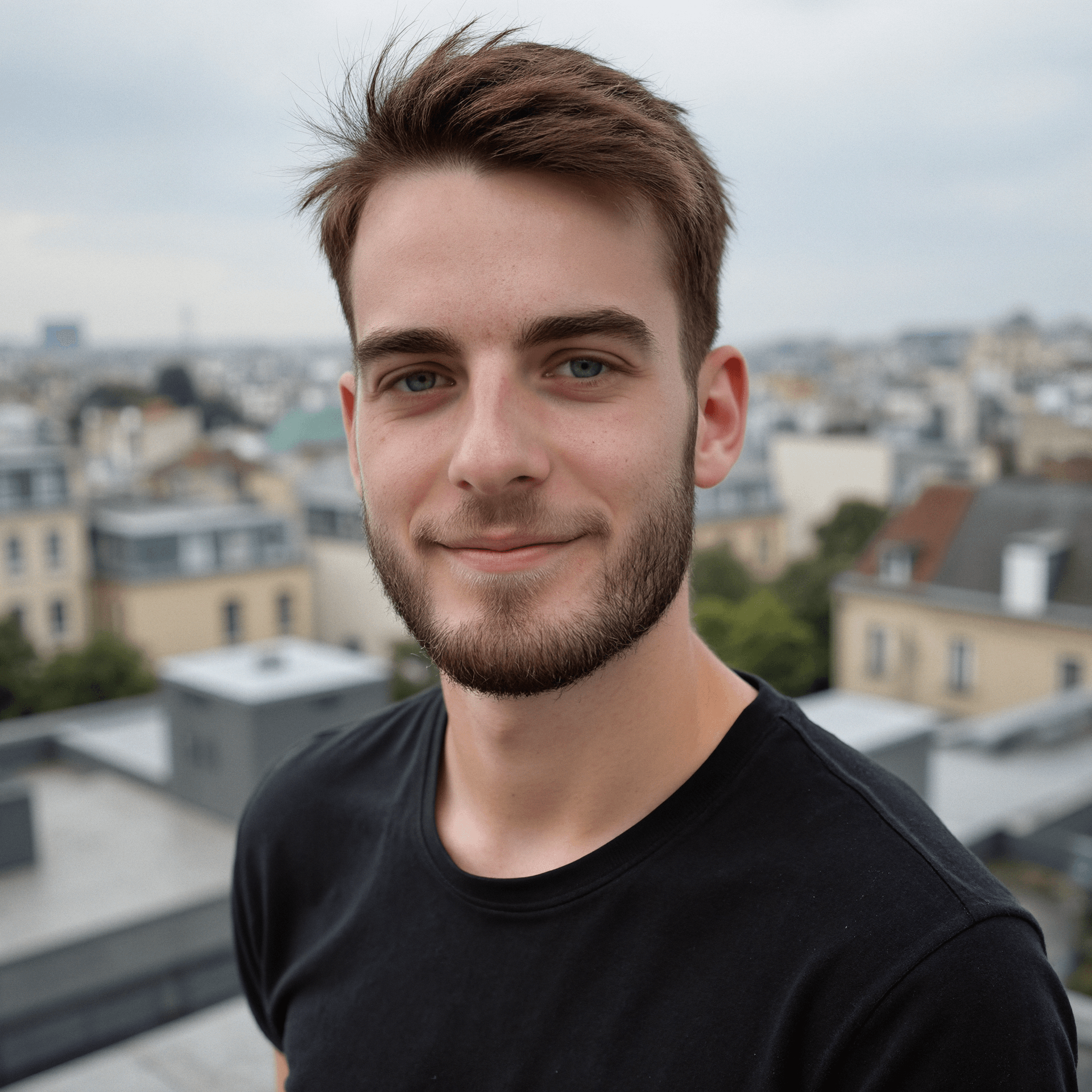 Me wearing a black shirt on a rooftop in front of the Paris skyline
