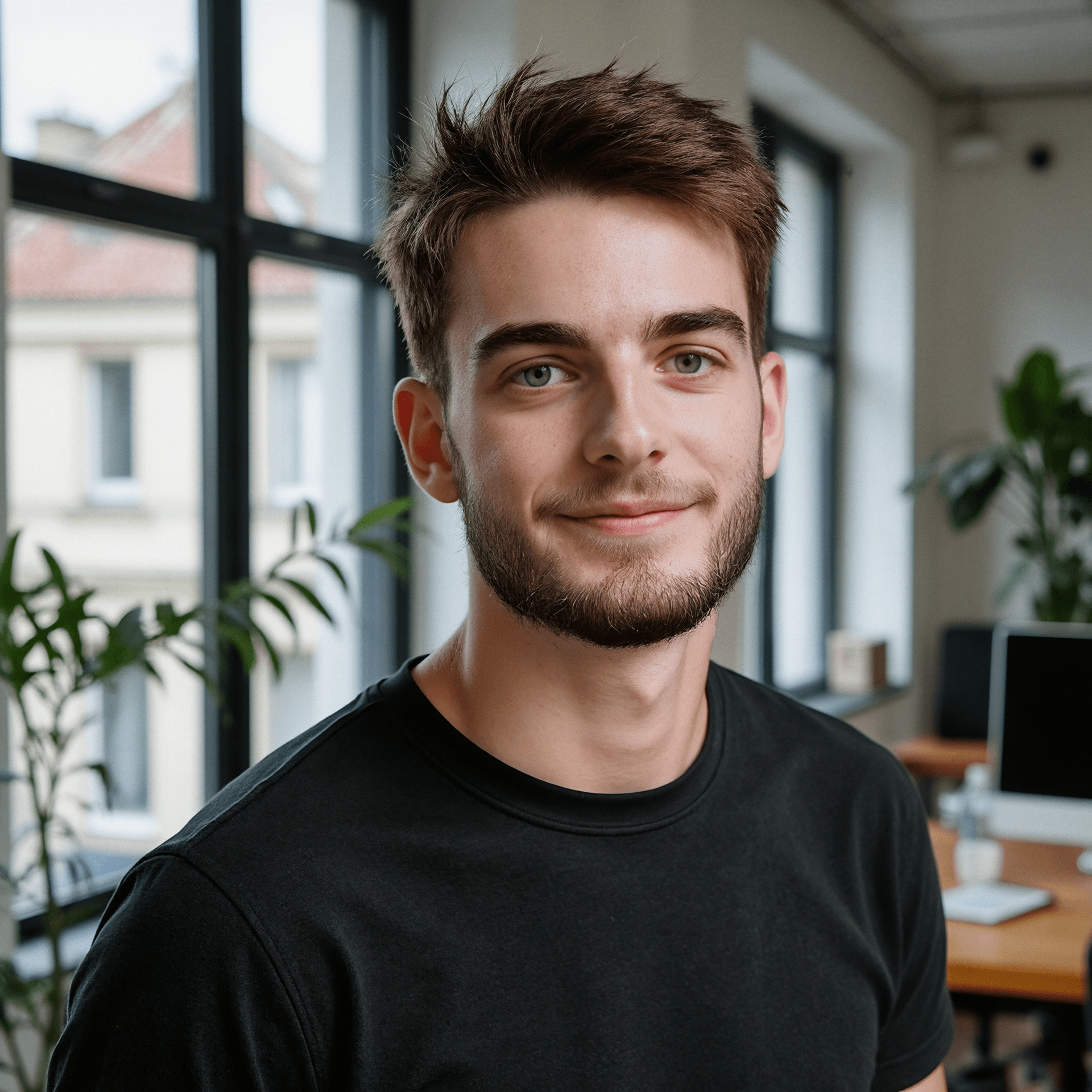 A portrait of me wearing a black shirt in front of a modern office